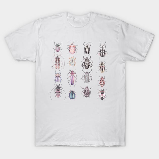 Beetles in Pinks Purples Black and White T-Shirt by wanderinglaur